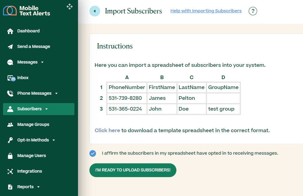 screenshot of Mobile Text Alerts